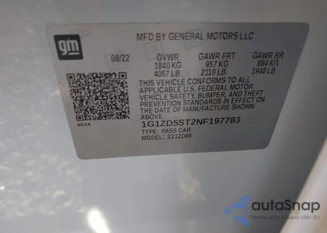 2022 Chevrolet Malibu Lt z USA, uszkodzony, nr VIN 1G1ZD5ST2NF197783